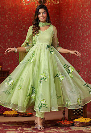 Hand Printed Organza Aline Suit in Light Green