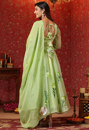 Hand Printed Organza Aline Suit in Light Green