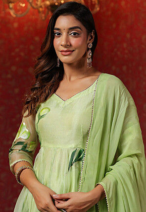Hand Printed Organza Aline Suit in Light Green