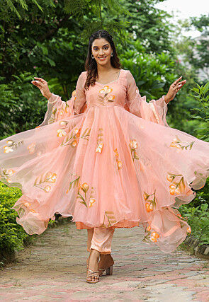 Hand Printed Organza Aline Suit in Peach