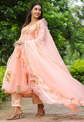 Hand Printed Organza Aline Suit in Peach