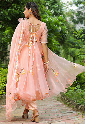 Hand Printed Organza Aline Suit in Peach
