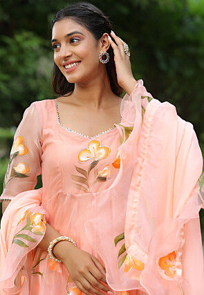 Hand Printed Organza Aline Suit in Peach