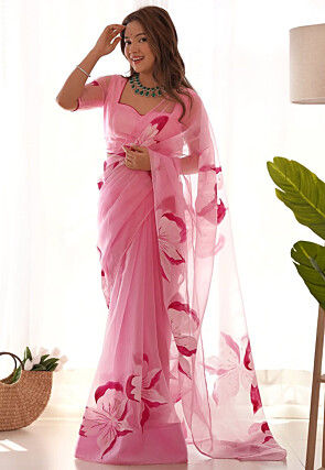 Hand Painted Organza Saree in Pink