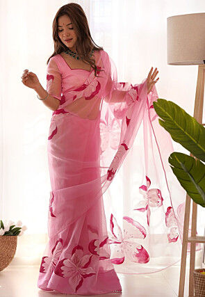 Hand Painted Organza Saree in Pink