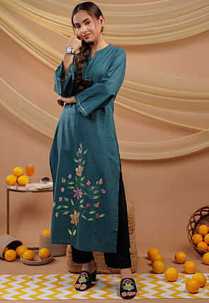 Hand Printed Pure Cotton Straight Kurta in Dark Teal Blue