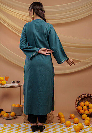 Hand Printed Pure Cotton Straight Kurta in Dark Teal Blue