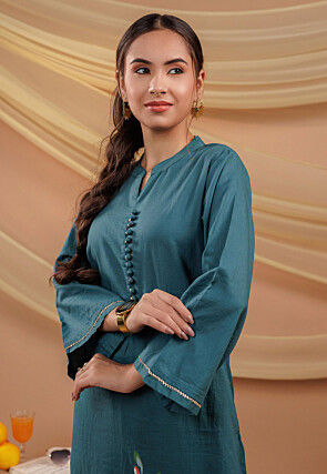 Hand Printed Pure Cotton Straight Kurta in Dark Teal Blue