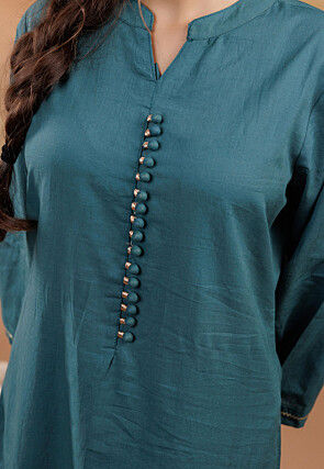 Hand Printed Pure Cotton Straight Kurta in Dark Teal Blue