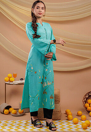 Hand Printed Pure Cotton Straight Kurta in Sea Green