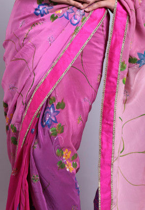 Hand Printed Pure Crepe Saree in Shaded Pink and Purple