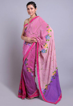 Hand Printed Pure Crepe Saree in Shaded Pink and Purple