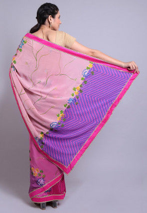 Hand Printed Pure Crepe Saree in Shaded Pink and Purple