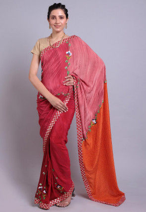 Hand Printed Pure Crepe Saree in Shaded Red