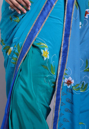 Hand Printed Pure Crepe Saree in Teal Blue