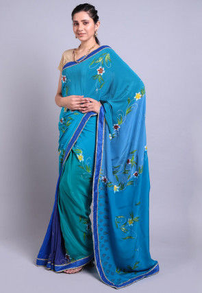 Hand Printed Pure Crepe Saree in Teal Blue