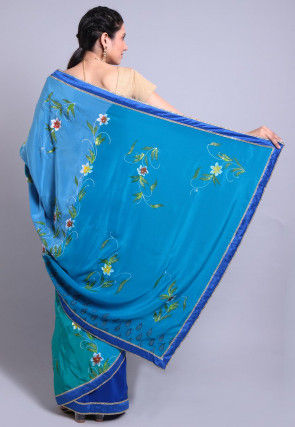 Hand Printed Pure Crepe Saree in Teal Blue