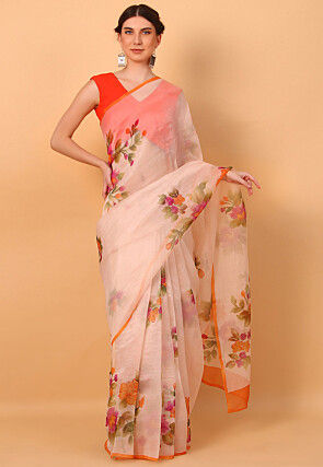 Hand Printed  Pure Organza Saree in Light Peach