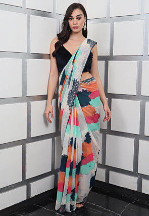 Hand Printed Viscose Georgette Saree in Multicolor