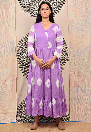 Hand Tie Dyed Pure Cotton Tiered Kurta in Light Purple