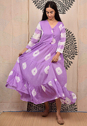 Hand Tie Dyed Pure Cotton Tiered Kurta in Light Purple