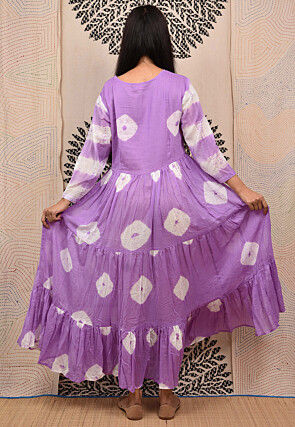 Hand Tie Dyed Pure Cotton Tiered Kurta in Light Purple