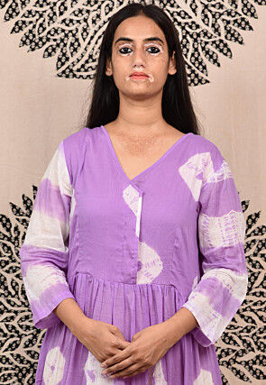 Hand Tie Dyed Pure Cotton Tiered Kurta in Light Purple
