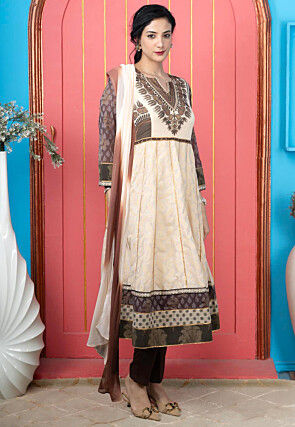 Handloom Art Silk Anarkali Suit in Beige