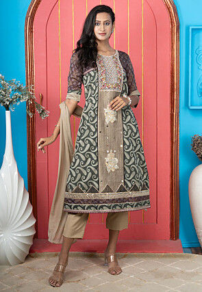 Handloom Art Silk Jacquard Pakistani Suit in Brown