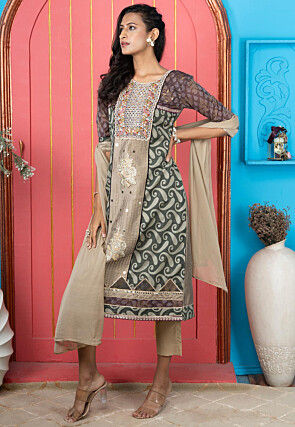 Handloom Art Silk Jacquard Pakistani Suit in Brown
