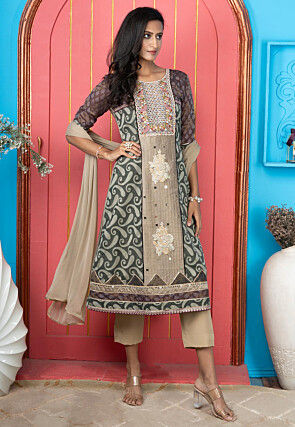 Handloom Art Silk Jacquard Pakistani Suit in Brown