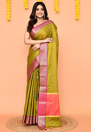 Handloom Art Silk Saree in Olive Green