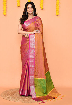 Handloom Art Silk Saree in Orange and Pink