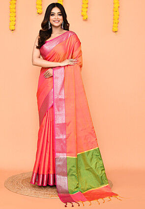 Handloom Art Silk Saree in Pink and Orange