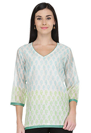 Handloom Block Printed Pure Chanderi Kurti in White