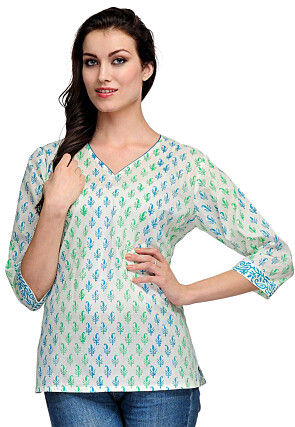 Handloom Block Printed Pure Cotton Top in White