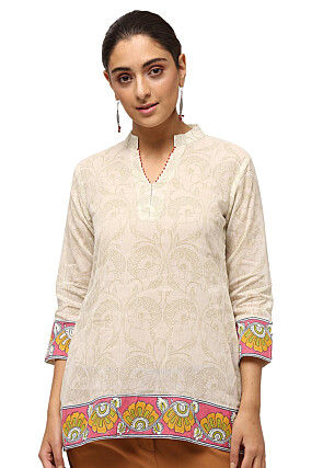 Handloom Block Printed Pure Cotton Tunic in Off White