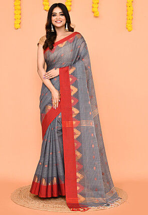 Handloom Cotton Slub Saree in Grey