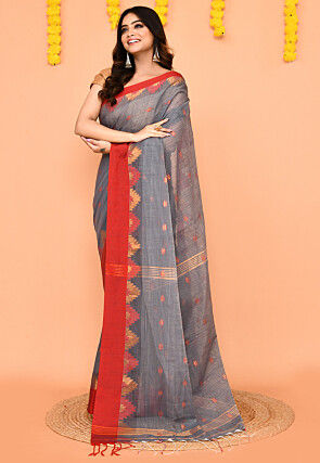 Handloom Cotton Slub Saree in Grey
