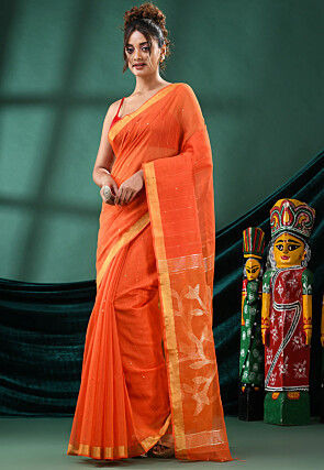 Handloom Cotton Jamdani Saree in Orange