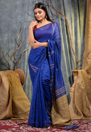 Handloom Cotton Jamdani Saree in Royal Blue