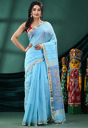 Handloom Cotton Jamdani Saree in Sky Blue