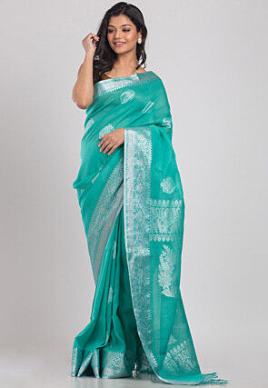 Handloom Cotton Linen Saree in Turquoise