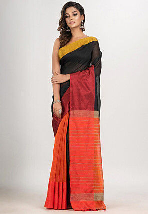 Handloom Cotton Saree in Black and Orange