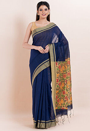 Handloom Cotton Saree in Dark Blue