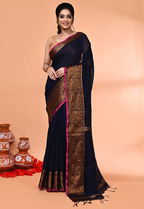Handloom Cotton Saree in Dark Blue