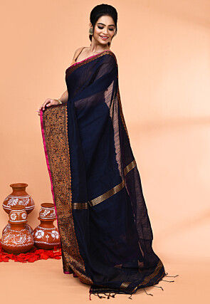 Handloom Cotton Saree in Dark Blue