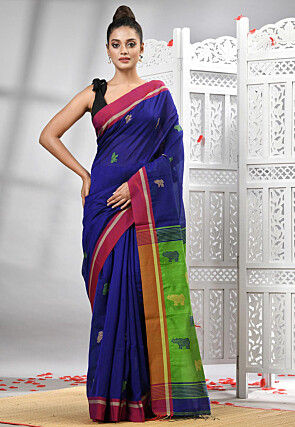 Handloom Cotton Saree in Dark Blue