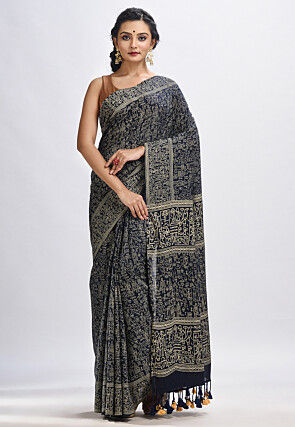 Handloom Cotton Saree in Dark Blue