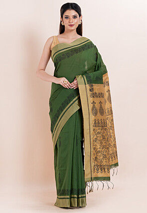 Handloom Cotton Saree in Dark Green
